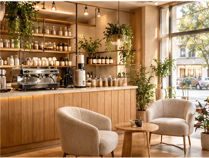 Intérieur lumineux d’un café : comptoir en bois, étagères de flacons, fauteuils en lin.